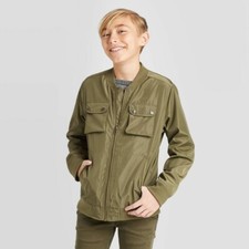 Cat Jack Boys' Olive Green Wind/Water Resistant Long Sleeve Bomber Jacket 6-7