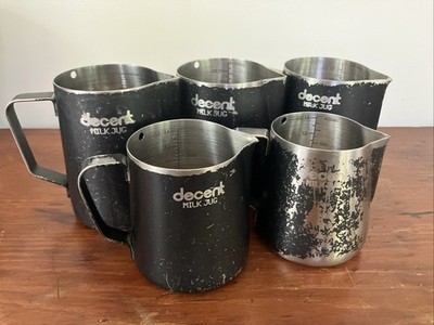 Set Lot 5 Decent Milk Steaming Jugs Black Stainless Coffee Cafe Barista Espresso