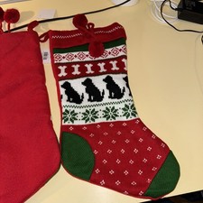 Dog Christmas Stocking Knitted W/Pom Poms Felt Back Bone Pet Puppy NWT