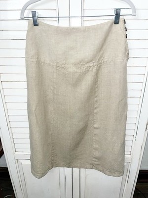 Habitat 100% Linen Khaki Midi Skirt Medium Lagenlook Minimalist Womens Button