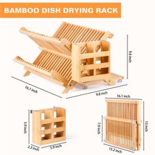Bamboo Dish Drying Rack 3-Tier Utensil Holder, Collapsible Dish Drainer Rack
