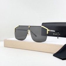 Gucci GG0291S Shield Sunglasses Men Black Gold Frame Gray Lens Italy 99mm