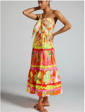Farm Rio One Shoulder Tiered Cotton Colorful Dress size L