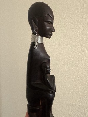 Vintage Hand-Carved Wood Figure Sculpture, Brown with Silver Metal Neck Ring