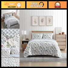 Reversible King Quilt Set - Cotton Bedding, Matching Shams, Floral Plaid Decor