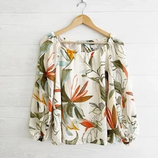NWT A New Day - Beige tropical blouson sleeve tie back top size M