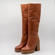 size 40eu 10 US Prada Cognac Shearling Fur Block Heel Tall Boots Brown Platform