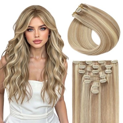 Clip in Extensions Echthaar Aschblond Mit Platinblond Invisible Echt Haar Ext...