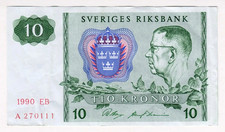 1990 Sweden 10 Kronor 270111 Paper Money Banknotes Currency