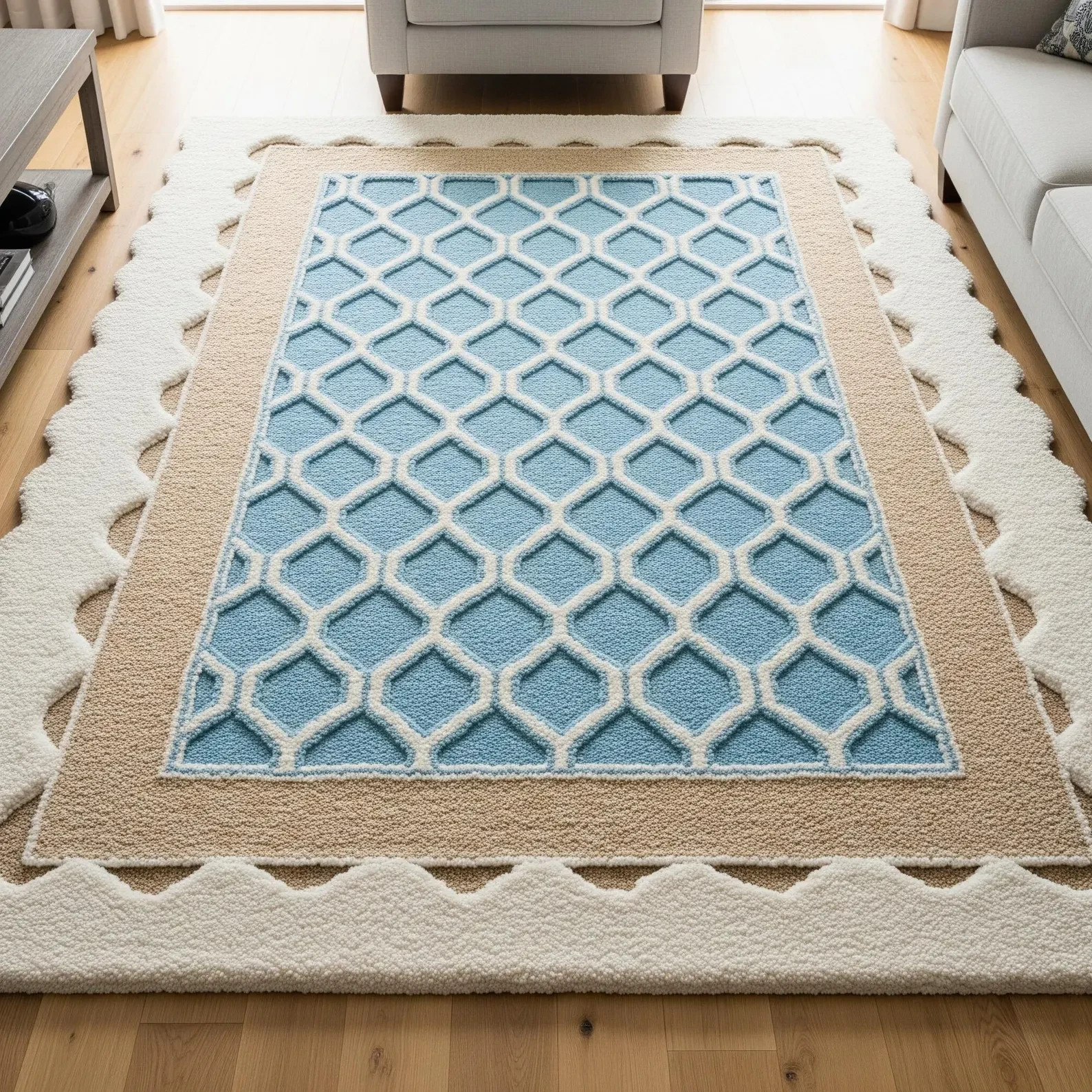 Modern Blue Beige Cream Geometric Wool Rug, Custom Hand Tufted Area 8x10 Living