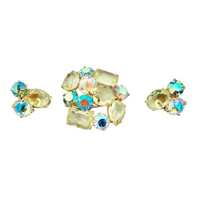 SCHIAPARELLI 1950s Citrine & Aurora Borealis Crystals Demi Parure Set