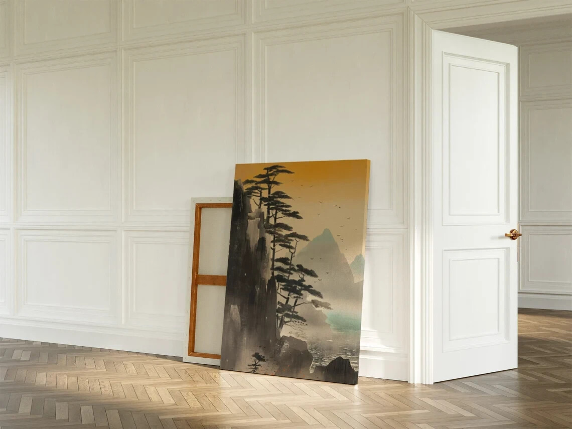 Japanese Black Yellow Hill Tree Paint Unframed Canvas Print Australian Wall Art