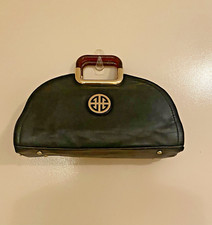 VTG Black Leather Bakelite/Lucite   Amber Handle Ladies Logo Hand Bag