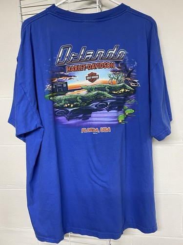 Harley Davidson TShirt Men Sz 2XL Blue Orlando FL Flaming Eagle