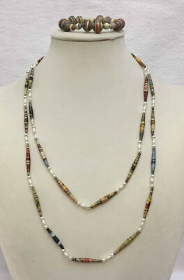 Necklace & Bracelet Handmade Rolled Paper Beads Craft Faux Pearls Stretch Set 2