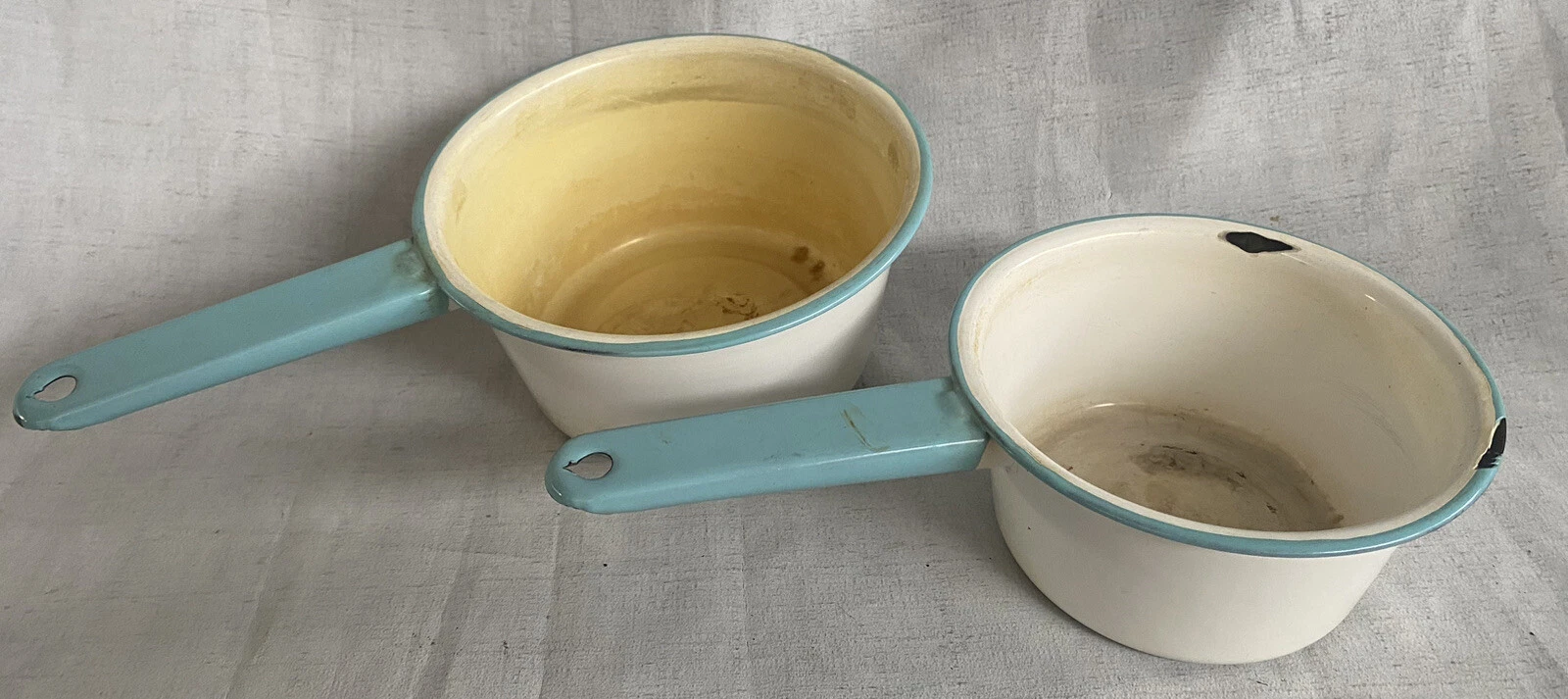 Vintage 1920’s Enamelled Blue and White Enamel Cooking Pots Farmhouse Lot Of 2