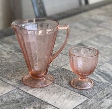 Vintage Pink Depression Era Patterned Flower Pitcher  Tumbler Glass