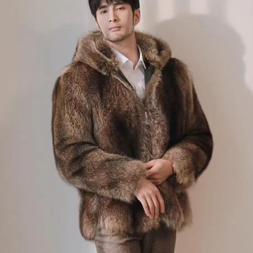 Elegant Men's Real Raccoon Fur Hooded Fashion Coat Thick Warm Luxury Overcoat - Picture 2 of 6