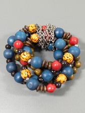 Western Boho Tribal Red Blue Brwon Wood Bead Multi Stretch Bracelets 7 in