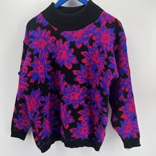 Vintage Women  s 80s Spunky Pink Black Purple Flowers High Neck Sweater Acrylic