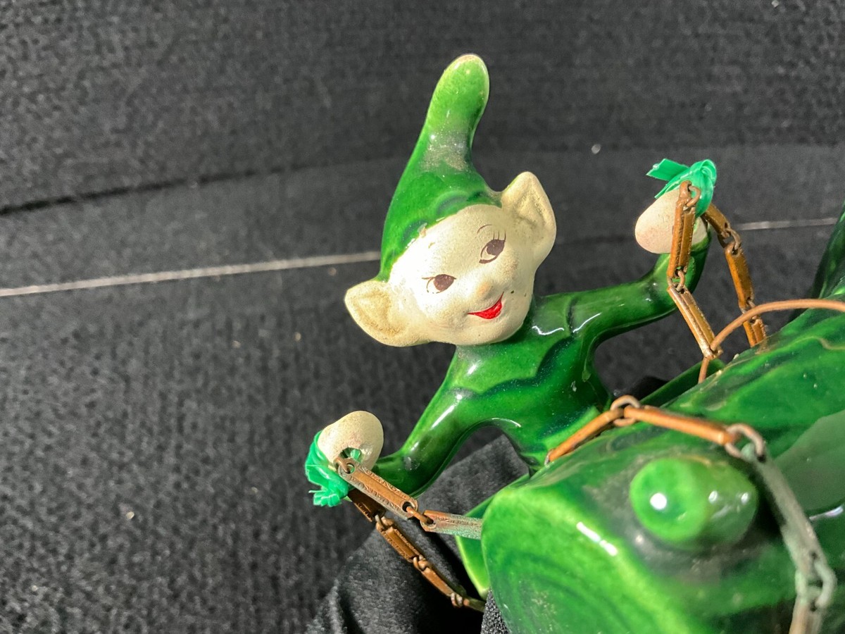RARE VINTAGE TREASURE CRAFT GLAZED CERAMIC PIXIE ELF ON A SWING