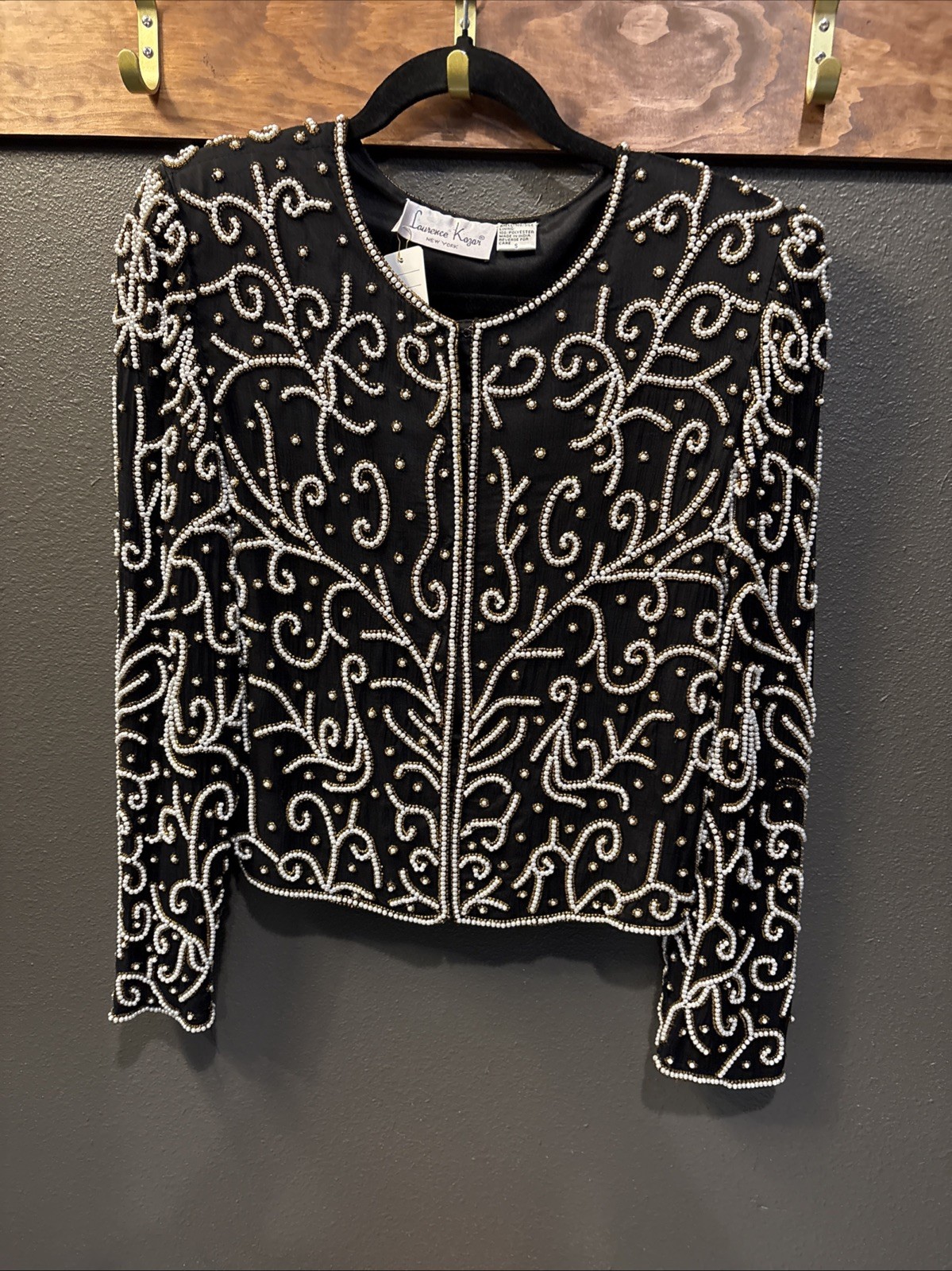 Lawrence Kazar 100% Silk Black Beaded Jacket Clasp Closure Women's Small Vintage