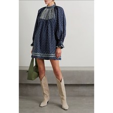 Doen Navy Beatrice Blue Floral Long Sleeve Pleated High Collar Dress Size XXL