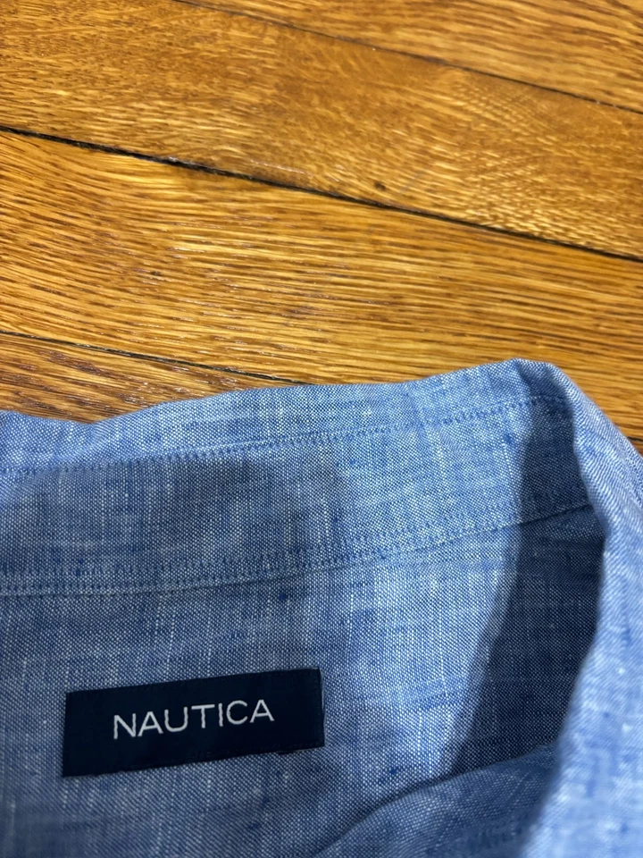 Nautica Men’s Size XXL 2XL 100% Linen Button Down Shirt Blue Long Sleeve - Image 4 of 4