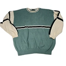 Tosani Sweater Mens Large Green Cream Black Striped Knit Made in Canada