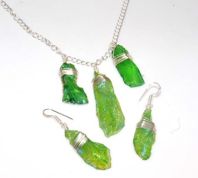 Green Titanium Aura Quartz Rough Wire-Wrapped Necklace Earrings Set 18|2.2'' JW