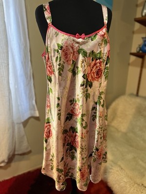 Vtg Adonna Glossy Shiny Satin Slip Dress Pink Floral Roses Nightgown Plus 1X