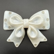 Vintage Large Celluloid Plastic Bow Barrette Polka Dot White Pearlescent