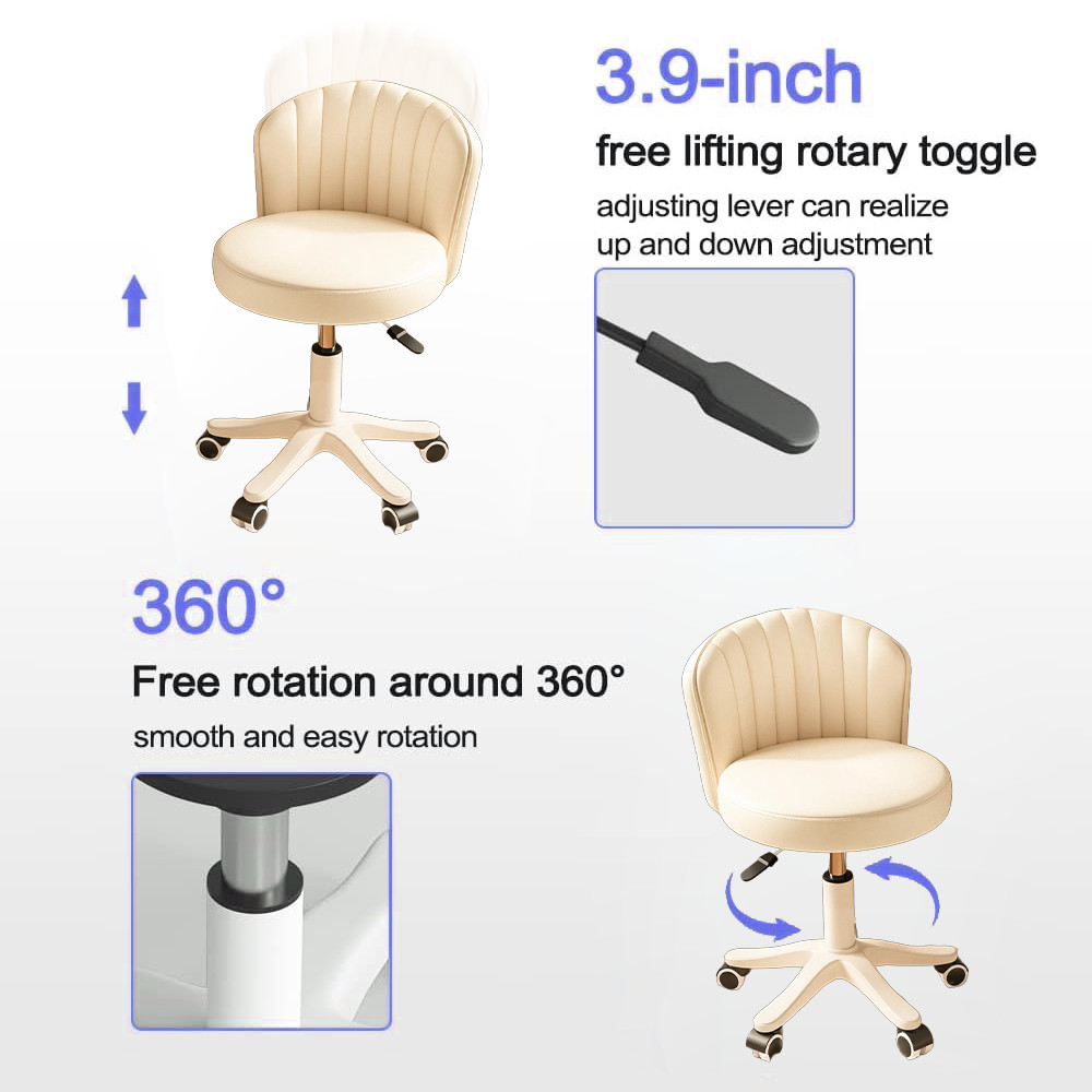 Small Rolling Swivel Vanity Chair PU Leather Compact Armless Comfortable White