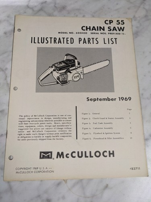 #ad MCCULLOCH PARTS LIST BOOK ILLUSTRATED MANUAL CHAIN SAW MODEL CP55 83711 1969 $4.54