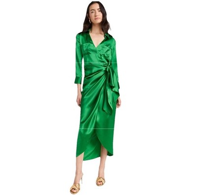 NEW L'AGENCE Kadi Women's Long Midi Wrap Green Dress Silk Size 12 Designer  | eBay
