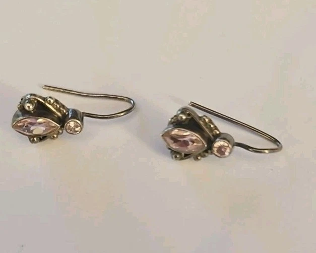 PENDIENTES ORNAMENTADOS PIEDRA ROSA 925 PLATA ESTERLINA MÉXICO VINTAGE Foto 4 de 4