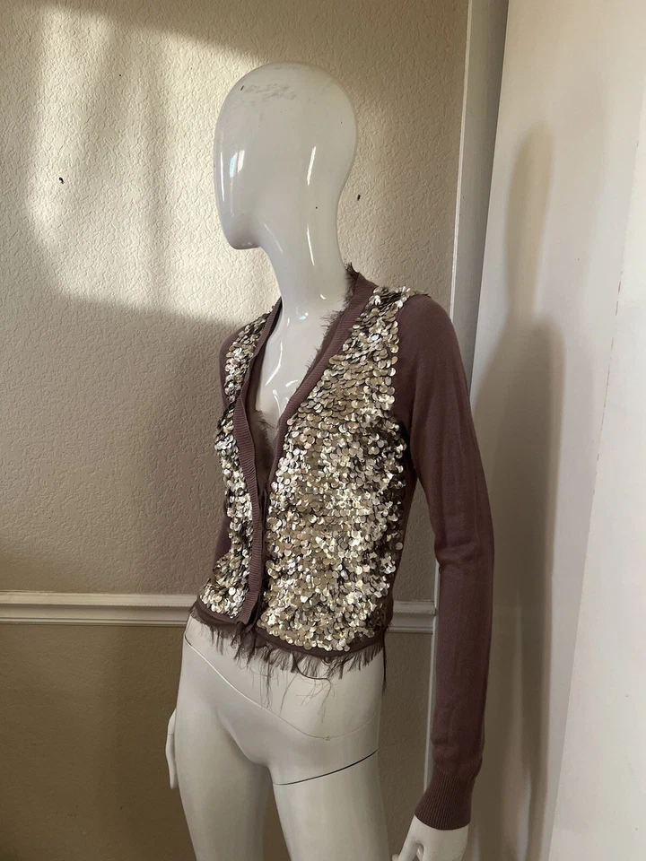 JOHN & JENN ANTHROPOLOGIE ¡RARO! Cárdigan tejido viscosa topo con lentejuelas doradas talla S Foto 3 de 4