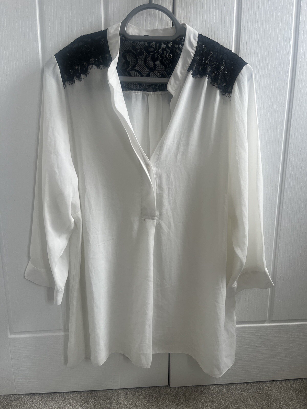 Black Lace Trim White Blouse UK Size 18 Elegant Feminine Top