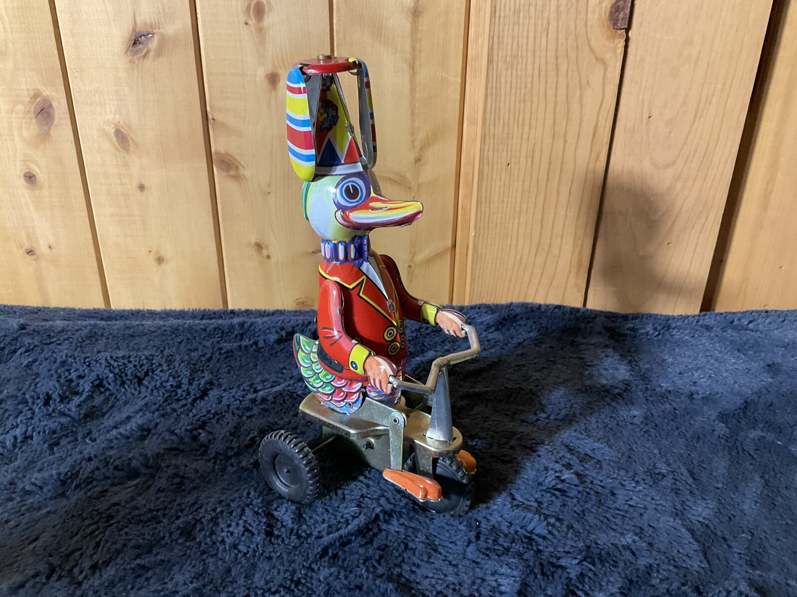 Vintage Mechanical Wind Up Circus Duck on Tricycle Tin Toy Works
