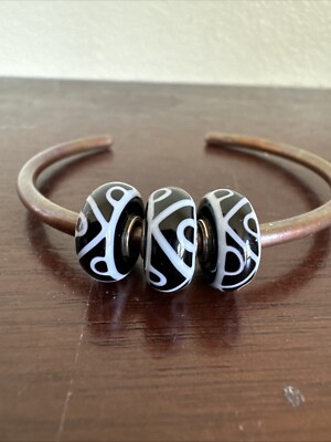 Trollbeads Unikat Bead 3er Set Schwarz Weiß Tribal Zick Zack Echt Glas Charm