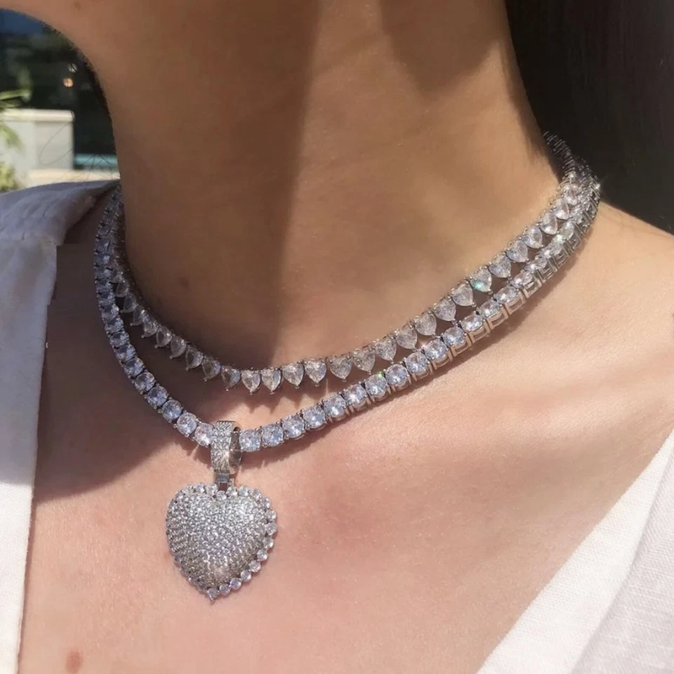 18k镀金心形吊坠和5米圆形模拟钻石网球链项链 — 第 3/4 张图片