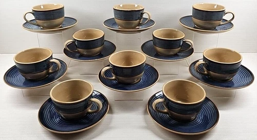 10 Gibson Retreat Blue Cup Saucer Set Embossed Table Dining Coffee Tea Dish Lot