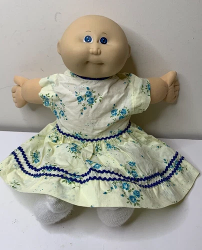 1980s Cabbage Patch Preemie Baby Bald Blue Eyes Yellow Dress Blue Flower