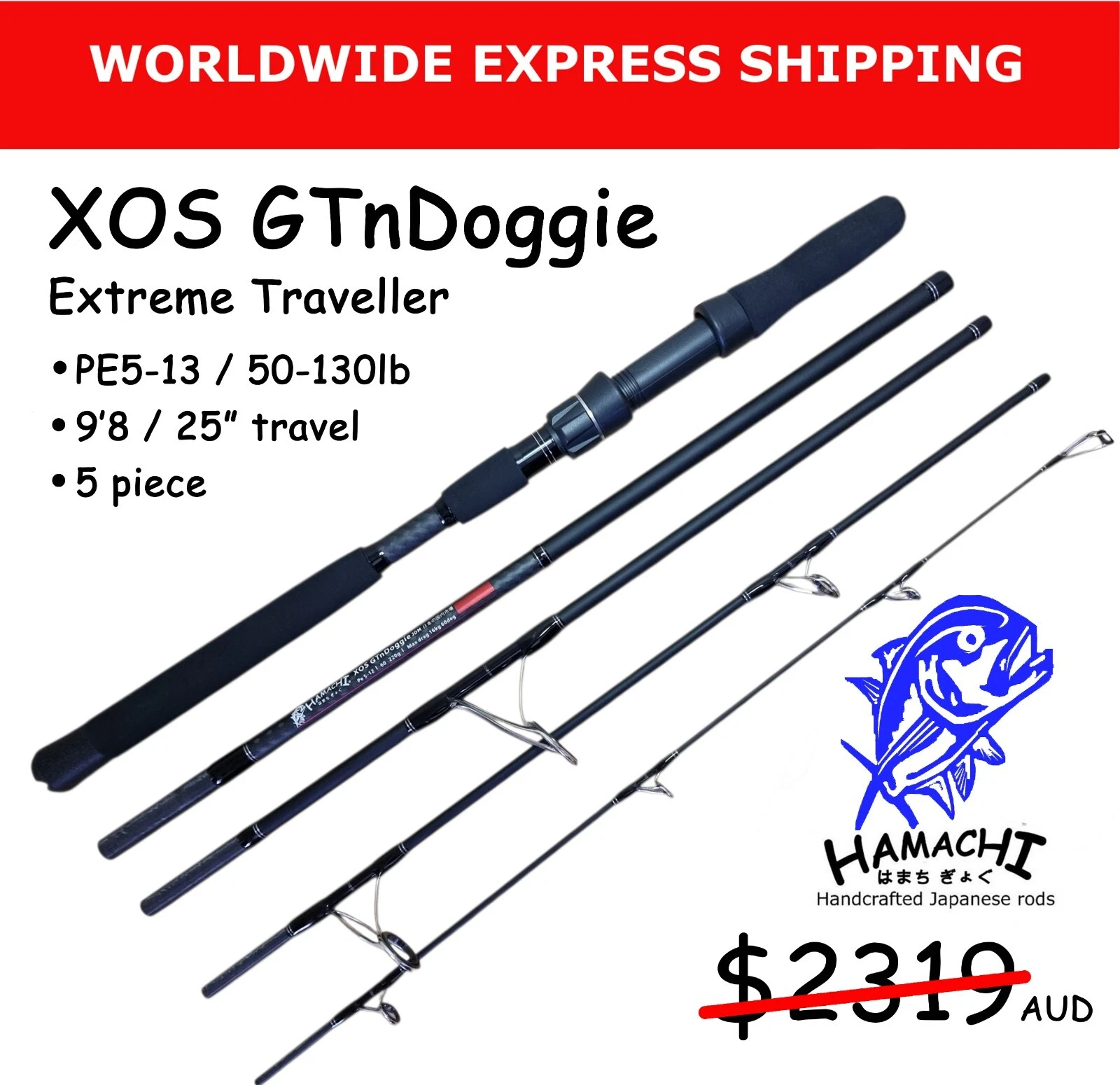 2025 Hamachi XOS GT'n'Doggie 50 - 130lb Popper 9'6 - 5 piece travel fishing rod
Opens in a new windo