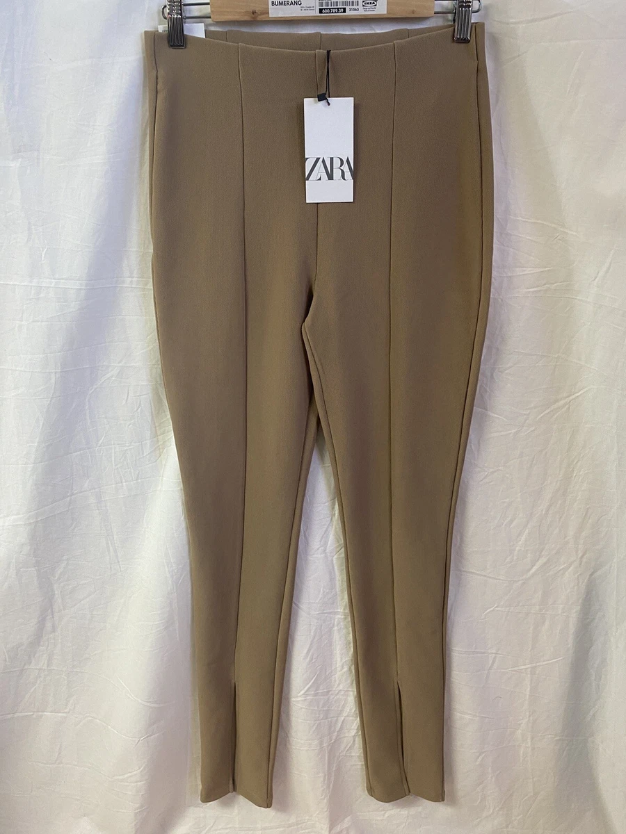 NWT ZARA Women's High Waisted Split Stretch Leggings Slit Ankle Camel Size  Large