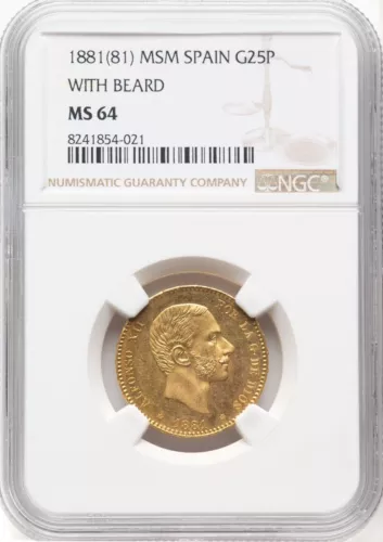 SPAIN , GOLD 25 PESETAS 1881 (81) MSM WITH BEARD - NGC MS 64 , RARE11