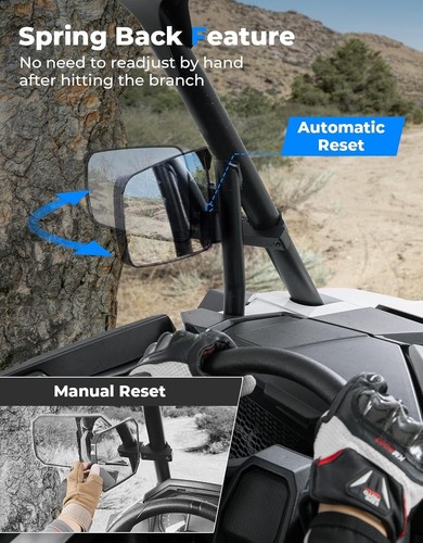 KEMIMOTO UTV Side Mirrors Spring Back Feature for 1.65-2 inch Roll Bar Universal - Picture 6 of 12