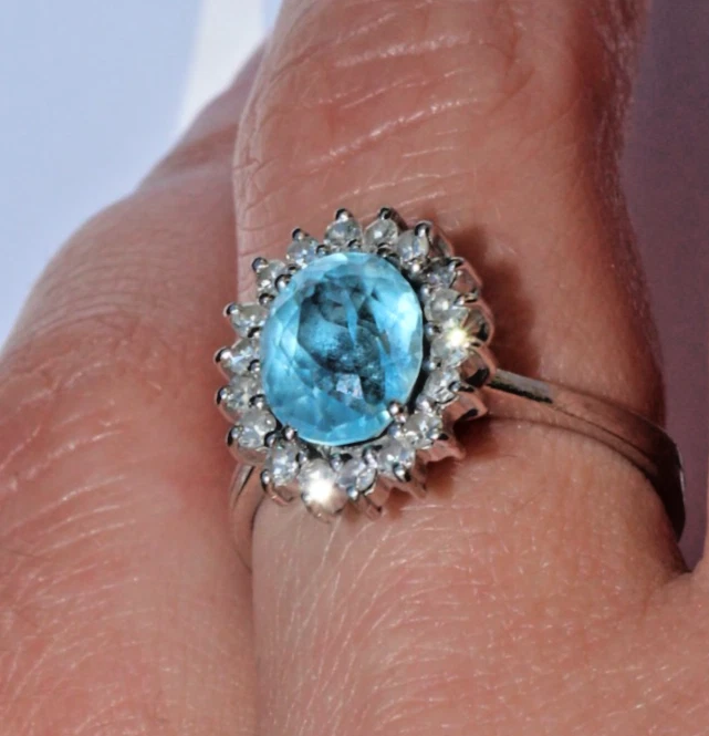 Bague Or Blanc 18K Aigue-Marine Diamants Pompadour Vintage T55 Expertisée - Photo 1/4