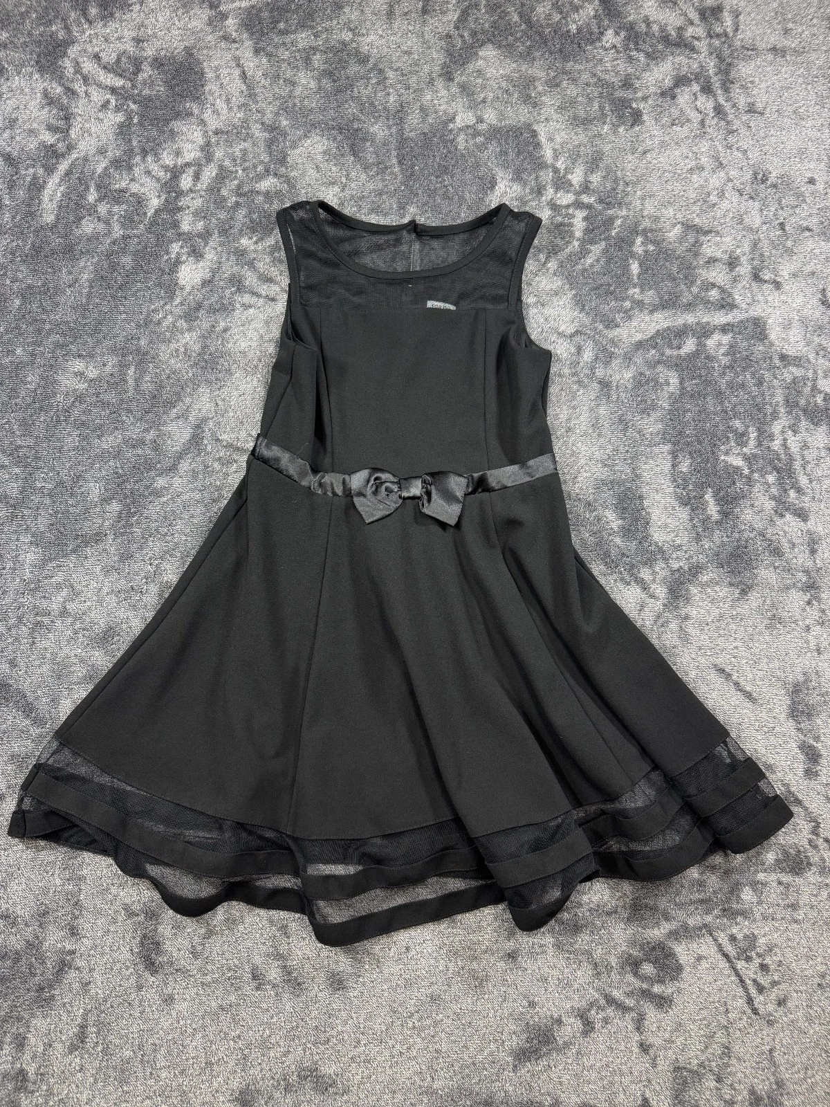 Calvin Klein Girls Sz 12 Black Illusion Mesh Bow Front Dress w/Zip & Button