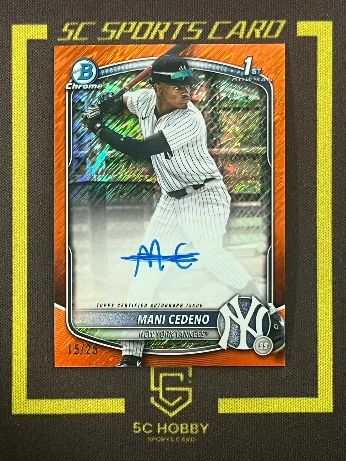 2025 Bowman Chrome 1ST Prospect Orange Shimmer Ref. Auto/25 Mani Cedeno FCOU